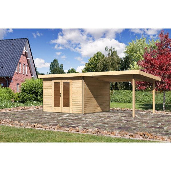 Karibu Holz-Gartenhaus/Gerätehaus Norrköping 1 Naturbelassen 664 cm x 360 cm mit Anbaudach