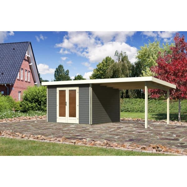 Karibu Holz-Gartenhaus/Gerätehaus Norrköping 1 Terragrau 664 cm x 360 cm mit Anbaudach