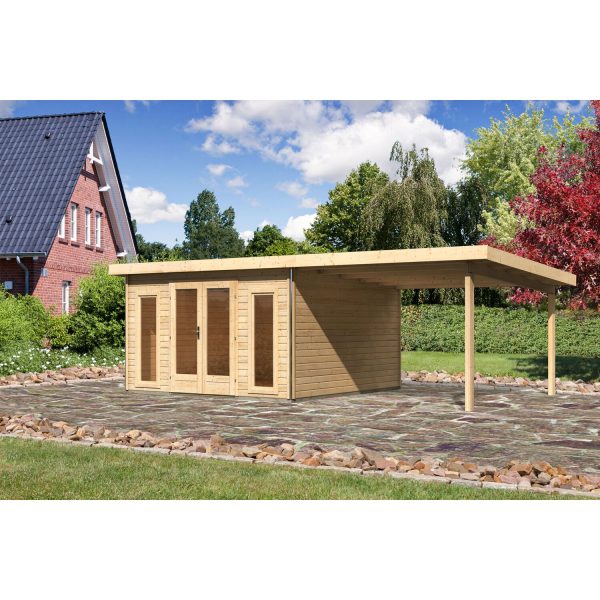 Karibu Holz-Gartenhaus/Gerätehaus Norrköping 3 Naturbelassen 724 cm x 420 cm mit Anbaudach