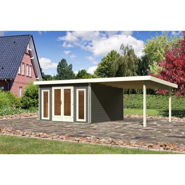 Karibu Holz-Gartenhaus/Gerätehaus Norrköping 3 Terragrau 724 cm x 420 cm mit Anbaudach