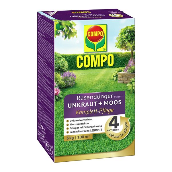 Compo Rasendünger gegen Unkraut+Moos 4in1 Komplett-Pflege 3 kg für 100 m²