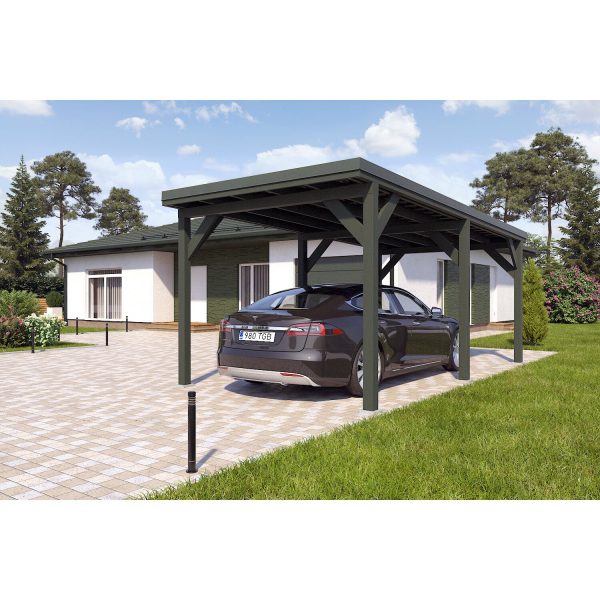 Holzbrüder Einzelcarport Ralf Chromoxidgrün 300 cm x 600 cm Blechdach Dornengrün