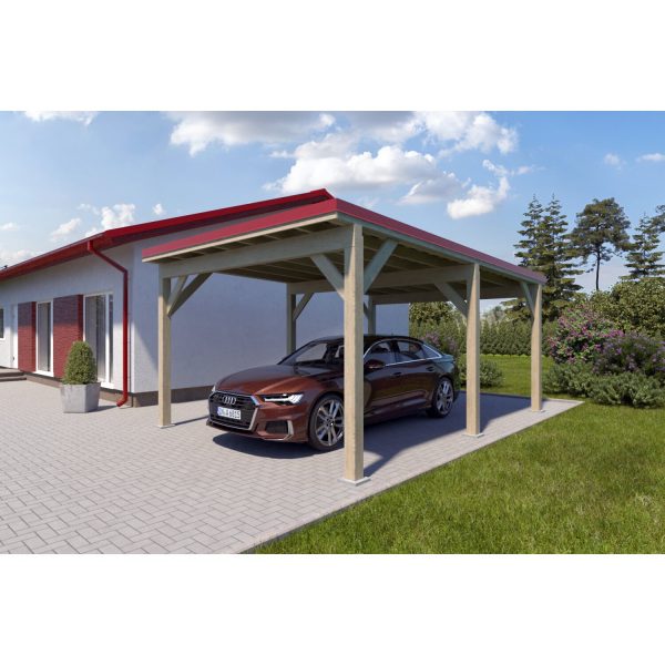 Holzbrüder Einzelcarport Ralf Natur 400 cm x 600 cm Blechdach Rot