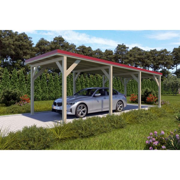 Holzbrüder Einzelcarport Ralf Natur 300 cm x 868 cm Blechdach Rot