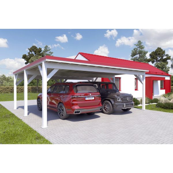 Holzbrüder Doppelcarport Ralf Reinweiß 700 cm x 600 cm Blechdach Rot