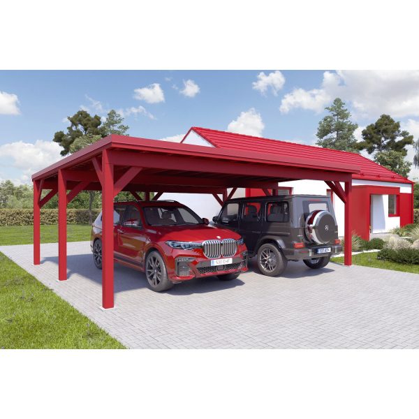 Holzbrüder Doppelcarport Ralf Oxidrot 700 cm x 600 cm Blechdach Rot