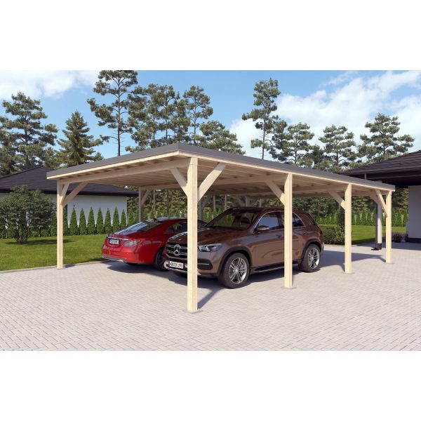 Holzbrüder Doppelcarport Ralf Natur 600 cm x 868 cm Blechdach Dunkelgrau