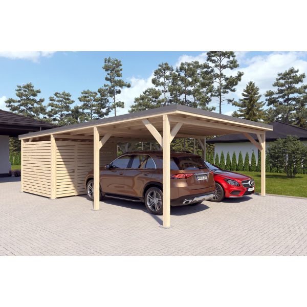 Holzbrüder Doppelcarport Ralf mit kl. Geräteraum Natur 600 x 868 cm Dunkelgrau