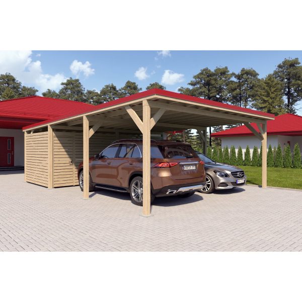 Holzbrüder Doppelcarport Ralf mit Geräteraum Natur 600 x 868 cm Rot