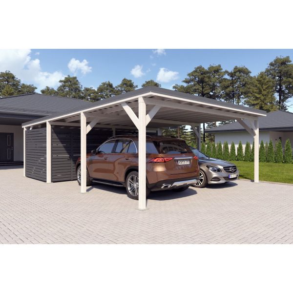 Holzbrüder Doppelcarport Ralf mit Geräteraum Reinweiß 600 x 868 cm Dunkelgrau