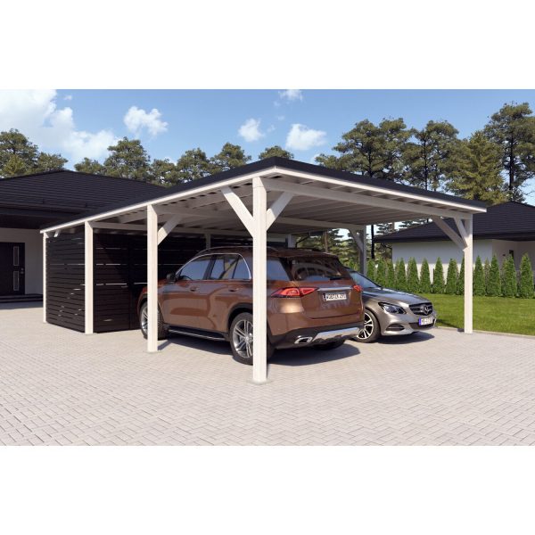 Holzbrüder Doppelcarport Ralf mit Geräteraum Reinweiß 600 x 868 cm Schwarz