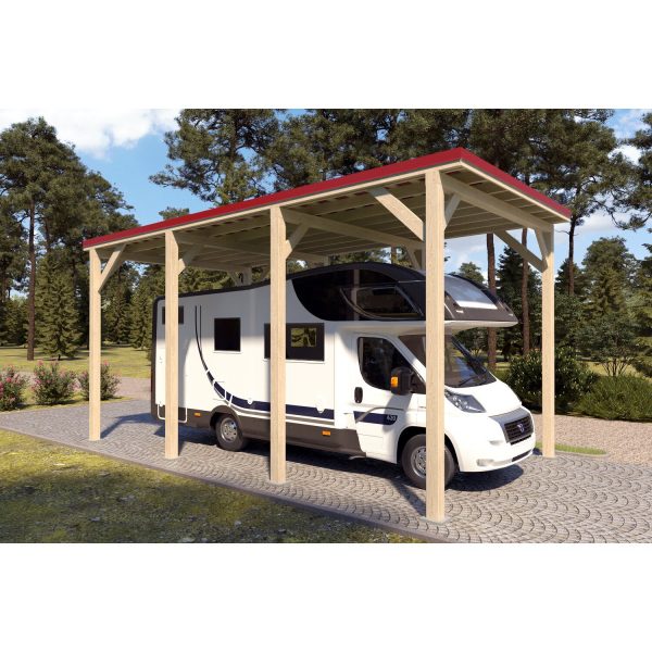 Holzbrüder Camping-Carport Ralf Natur 400 cm x 700 cm Blechdach Rot