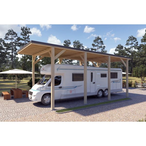 Holzbrüder Camping-Carport Ralf Natur 400 cm x 800 cm Blechdach Dunkelgrau