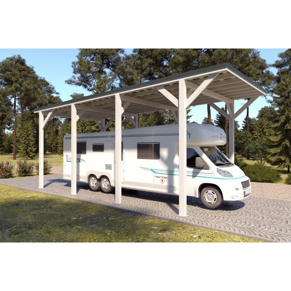 Holzbrüder Camping-Carport Ralf Reinweiß 400 cm x 800 cm Blechdach Dornengrün