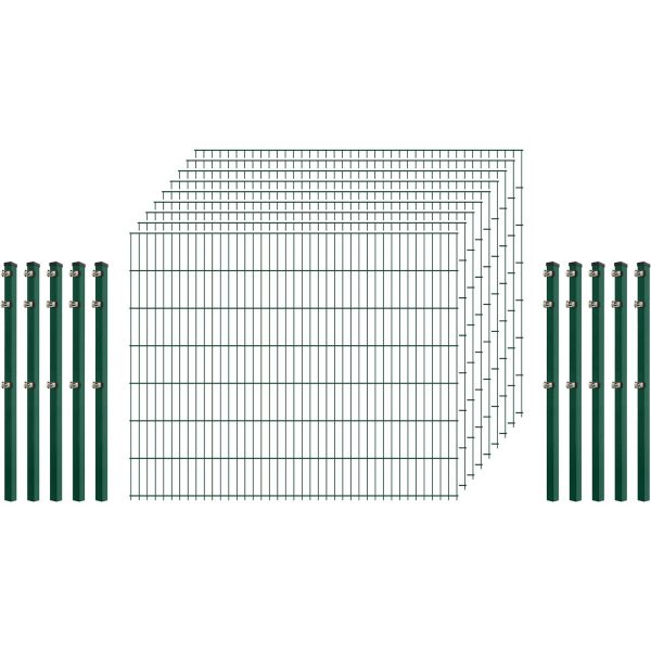 Einsteiger-Zaunset 5/4/5 Doppelstab 9 Matten + 10 Pfosten 250/143 cm Dunkelgrün