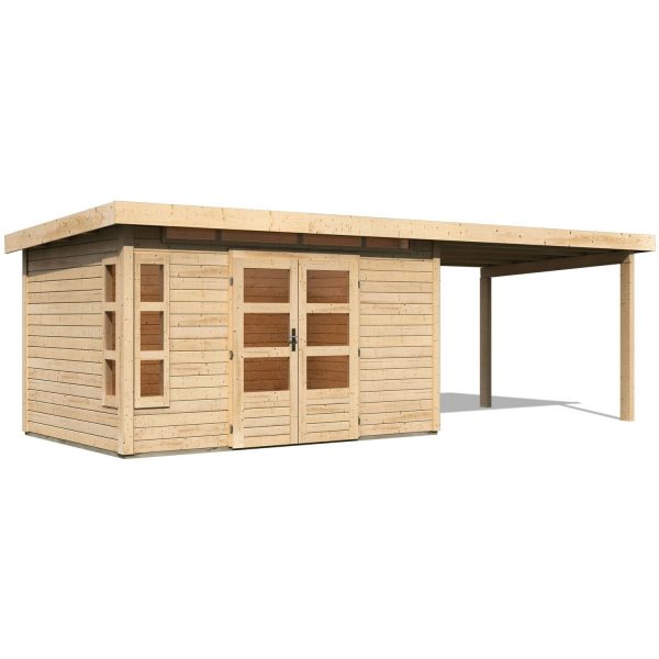 Karibu Holz-Gartenhaus/Gerätehaus Terni Flachdach Unbehandelt 360 cm x 240 cm mit Anbaudach