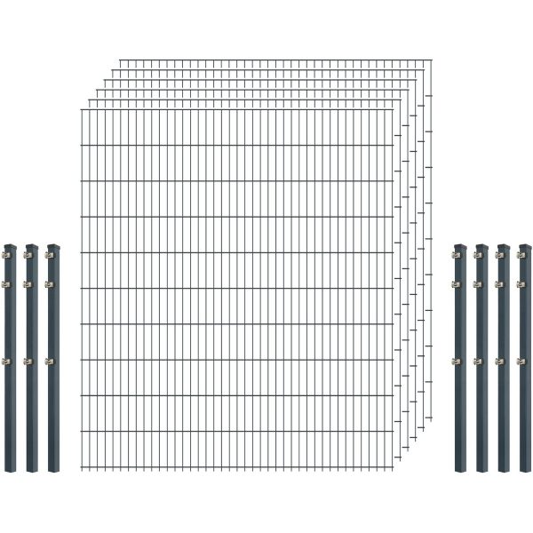 Standard-Zaunset 6/5/6 Doppelstab 6 Matten + 7 Pfosten 200/203 cm Anthrazit