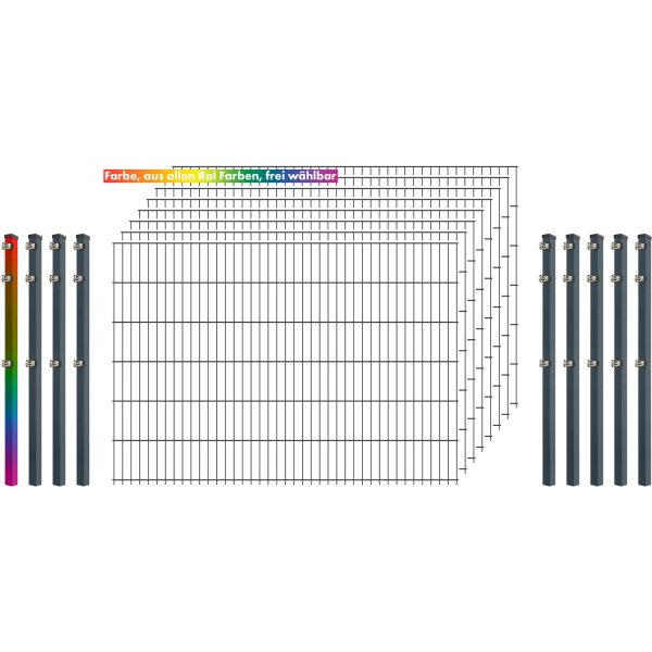 Industrie-Zaunset 8/6/8 Doppelstab 8 Matten +9 Pfosten 250/123 cm Freie Farbwahl