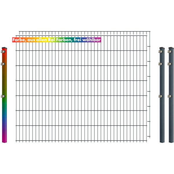 Industrie-Zaunset 8/6/8 Doppelstab 2 Matten +3 Pfosten 250/143 cm Freie Farbwahl