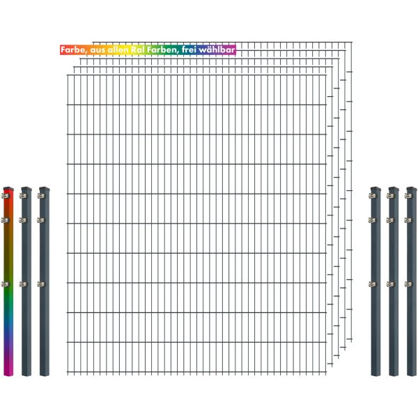 Industrie-Zaunset 8/6/8 Doppelstab 5 Matten +6 Pfosten 250/203 cm Freie Farbwahl