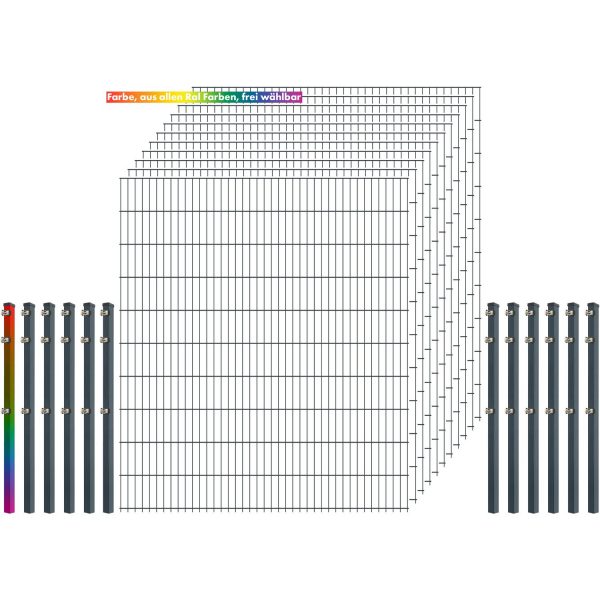 Industrie-Zaunset 8/6/8 Doppelstab 11 Matten+12 Pfosten 250/203 cm Freie Farbw.