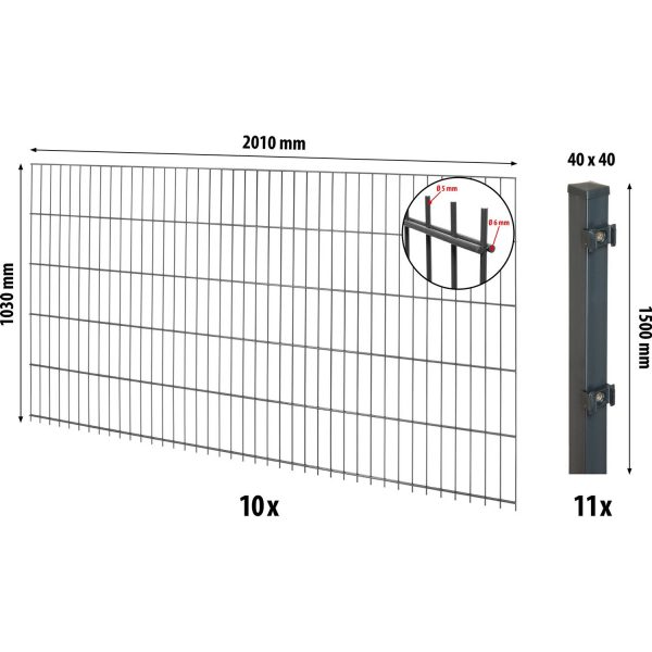 Floraworld Doppelstabmatten-Zaunset mit Pfosten 4 x 4 cm Anthrazit 103 x 2000 cm