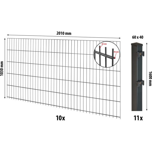 Floraworld Doppelstabmatten-Zaunset mit Pfosten 6 x 4 cm Anthrazit 103 x 2000 cm
