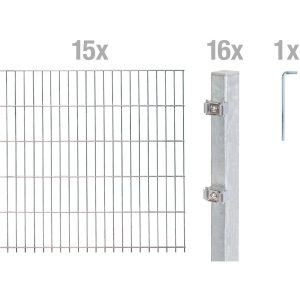 Metallzaun Grund-Set Doppelstabmatte feuerverzinkt 15 x 2 m x 1 m