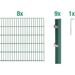 Metallzaun Grund-Set Doppelstabmatte verz. Grün beschichtet 8 x 2 m x 0