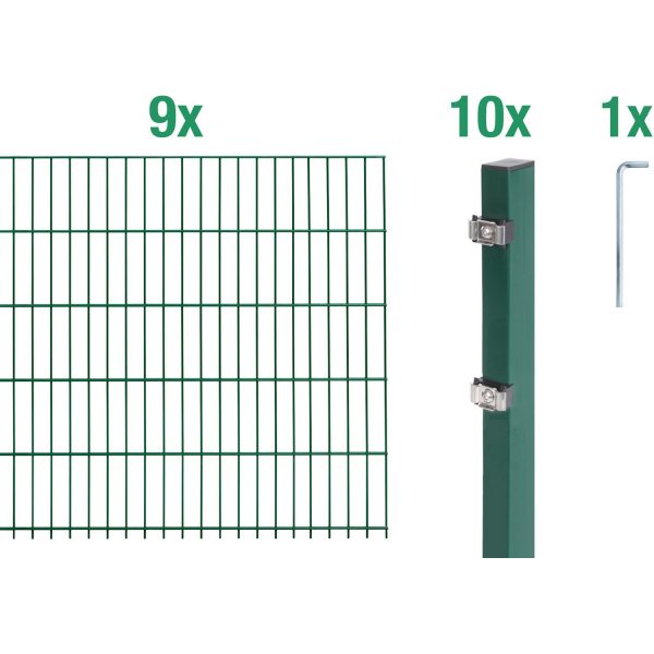 Metallzaun Grund-Set Doppelstabmatte verz. Grün beschichtet 9 x 2 m x 1