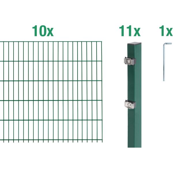 Metallzaun Grund-Set Doppelstabmatte verz. Grün beschichtet 10 x 2 m x 1