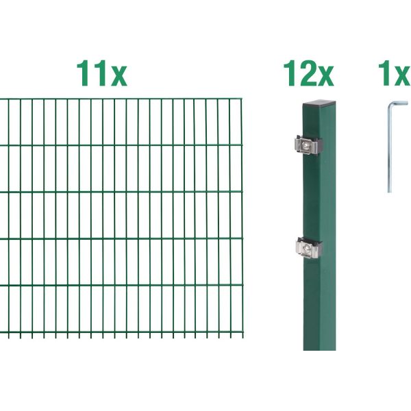 Metallzaun Grund-Set Doppelstabmatte verz. Grün beschichtet 11 x 2 m x 1