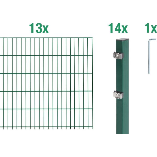 Metallzaun Grund-Set Doppelstabmatte verz. Grün beschichtet 13 x 2 m x 0