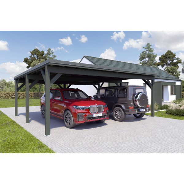 Holzbrüder Doppelcarport Ralf Chromoxidgrün 700 cm x 600 cm Blechdach Dornengrün