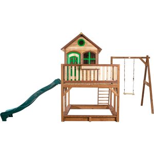 Axi Liam Spielhaus mit Einzelschaukel Braun - Grün mit Grüner Rutsche