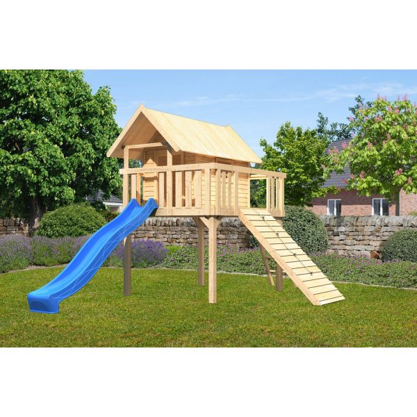 Karibu Stelzenhaus Fidel Set Natur Wellenrutsche 3 m Blau Holzrampe