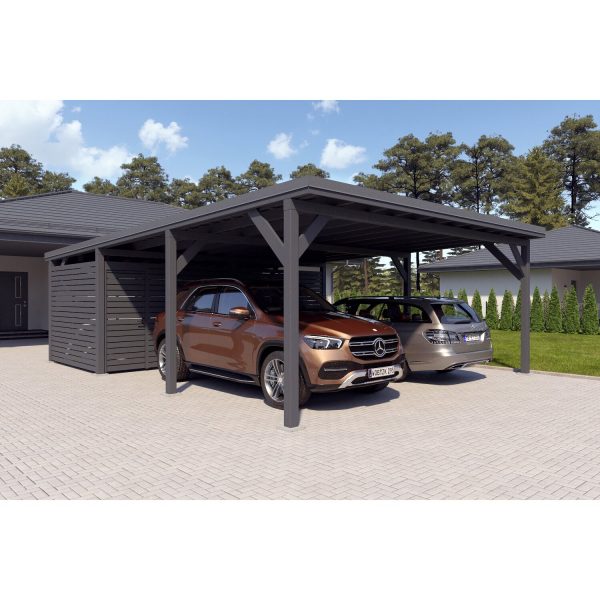 Holzbrüder Doppelcarport Ralf mit Geräteraum Anthrazit 600 x 868 cm Dunkelgrau