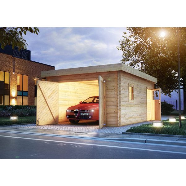 Karibu Blockhausgarage Einzel Flachdach Natur 387 cm x 537 cm