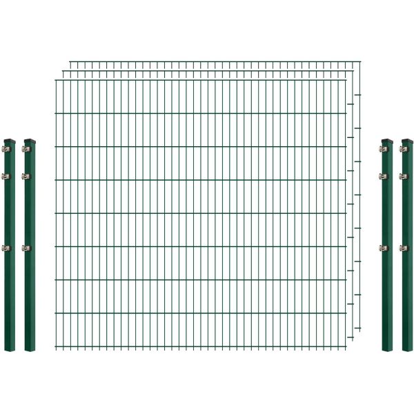 Standard-Zaunset 6/5/6 Doppelstab 3 Matten + 4 Pfosten 250/163 cm Dunkelgrün