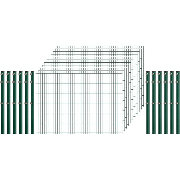 Standard-Zaunset 6/5/6 Doppelstab 11 Matten + 12 Pfosten 200/123 cm Dunkelgrün