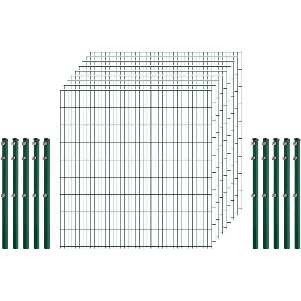 Standard-Zaunset 6/5/6 Doppelstab 9 Matten + 10 Pfosten 200/183 cm Dunkelgrün