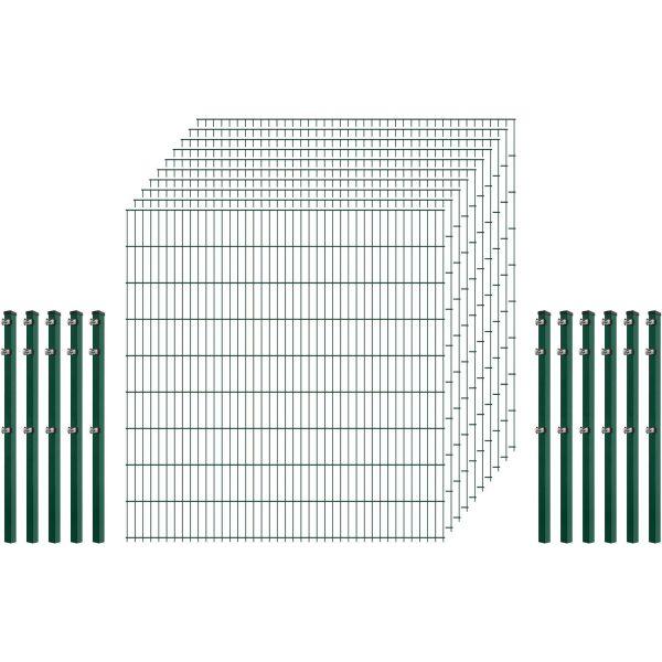 Standard-Zaunset 6/5/6 Doppelstab 10 Matten +11 Pfosten 200/183 cm Dunkelgrün