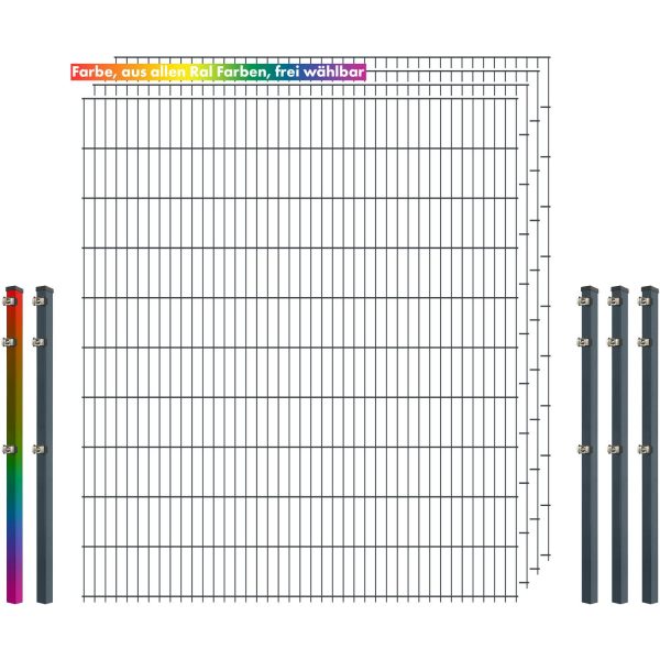 Industrie-Zaunset 8/6/8 Doppelstab 4 Matten +5 Pfosten 250/203 cm Freie Farbwahl