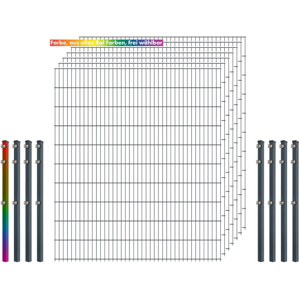 Industrie-Zaunset 8/6/8 Doppelstab 7 Matten +8 Pfosten 250/203 cm Freie Farbwahl