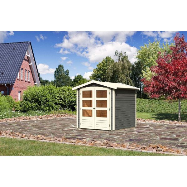 Karibu Holz-Gartenhaus/Gerätehaus Amberg Terragrau Satteldach Lackiert 182 cm x 182 cm