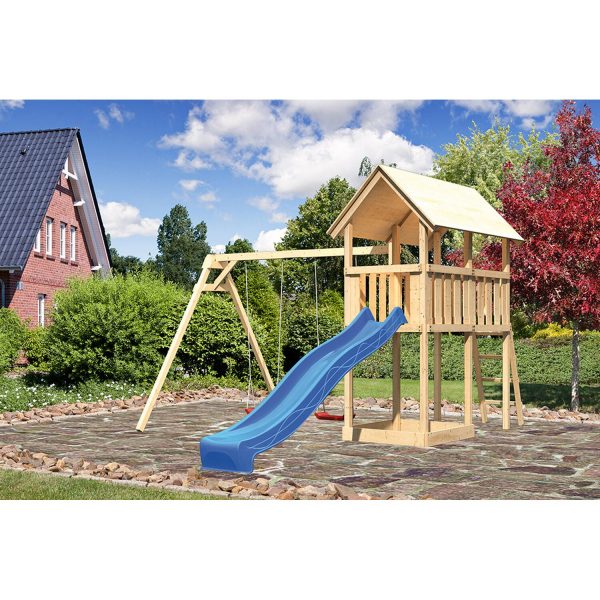 Karibu Kinderspielturm Danny Satteldach Set naturb. Doppels. Eco + Rutsche Blau