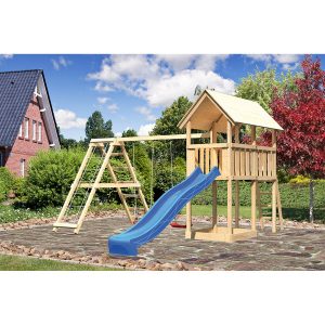 Karibu Kinderspielturm Danny Satteldach Set naturb. Dop. Eco Kletterg. Rut. Blau