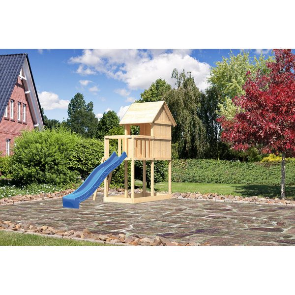 Karibu Kinderspielhaus Frieda Set Aktion 2 naturb. m. Anbau u. Rutsche Blau