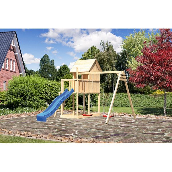 Karibu Kinderspielhaus Frieda Set Aktion 2 naturb. Anbau Doppels. Rutsche Blau