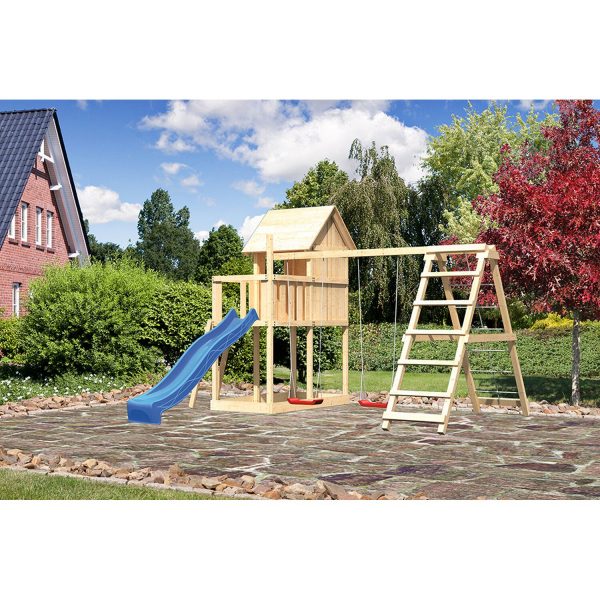 Karibu Kinderspielhaus Frieda Set Aktion 2naturb. Anbau Dop. Kletterg. Rut. Blau